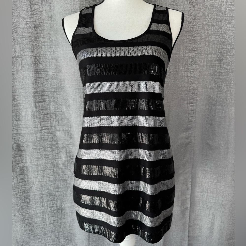 ARDEN B Black and Silver Sequins Striped Tank Top - Size M (A020)